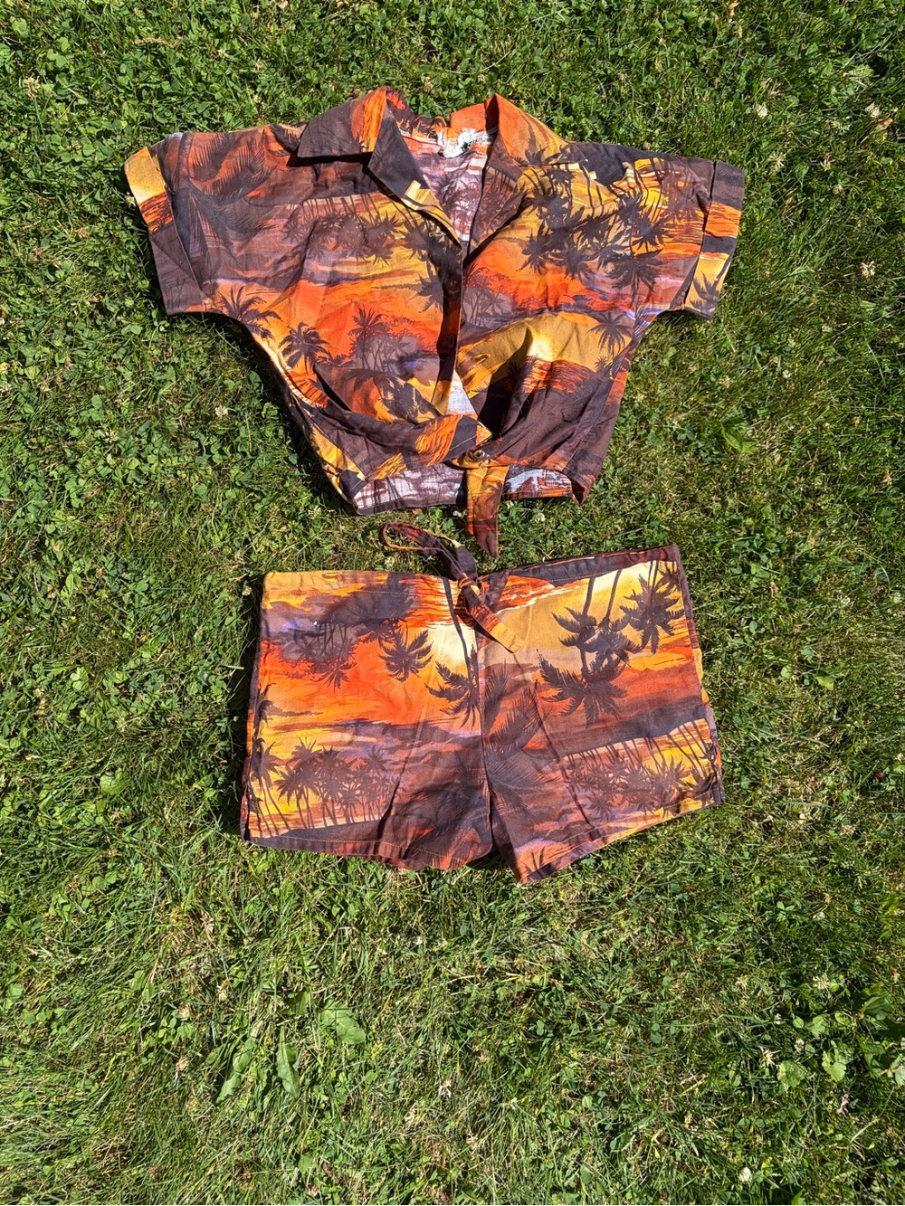 60’s or 70’s Tropical Sunset Two-Piece Crop Top & Shorts Set